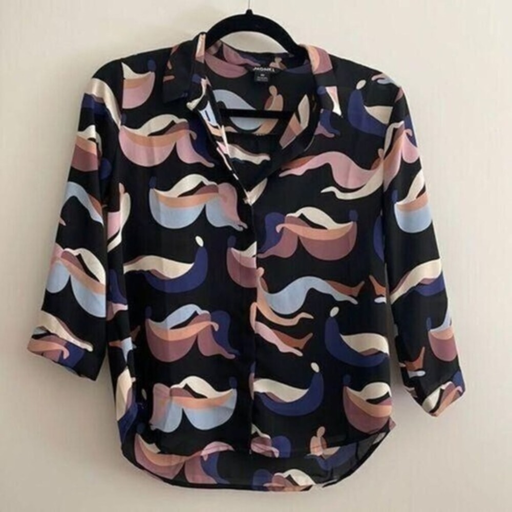 Abstract Button Up Blouse Modern Print Long Sleeve Top Womens